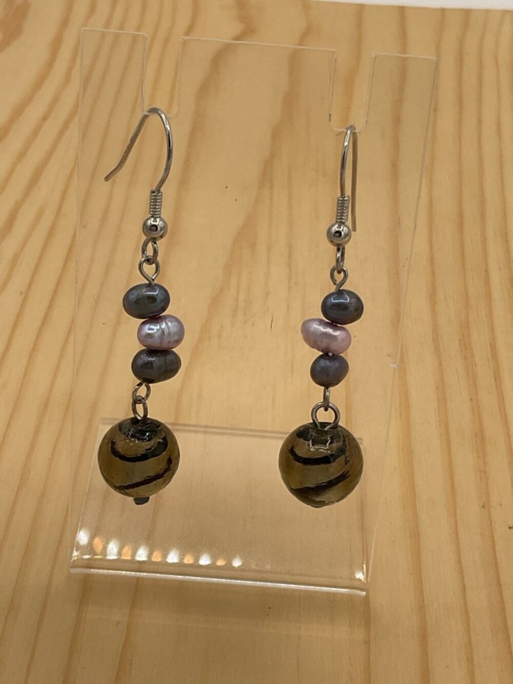 Freshwater Pearl Swirl Art Glass Dangle Drop Earrings Boho Fairycore